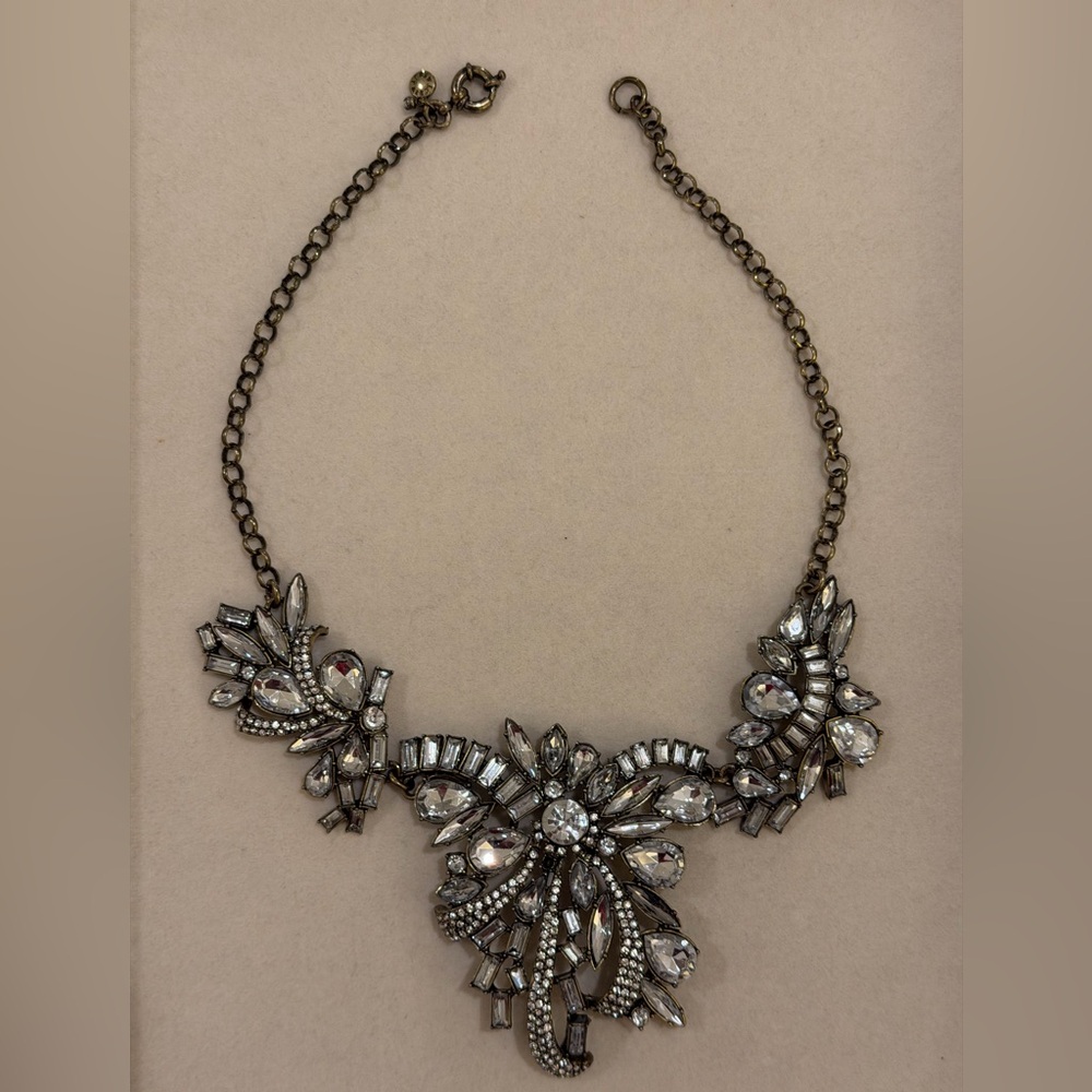 J. Crew Silver and Crystal Floral Necklace